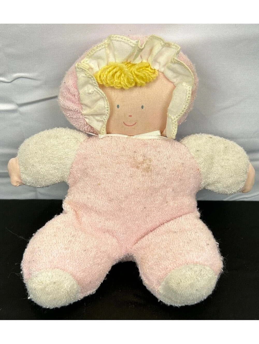 Vintage Eden Stuffed Baby Doll Blue Eyes Pink White Bonnet Blond 9" Plush Toy